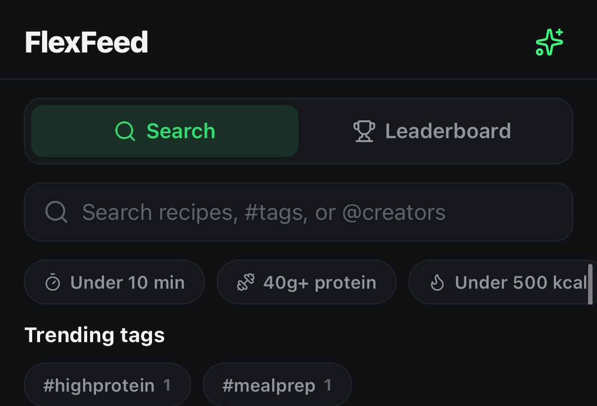 Discover screen with Under 10 Min, 40g+ protein, and Under 500 kcal filters