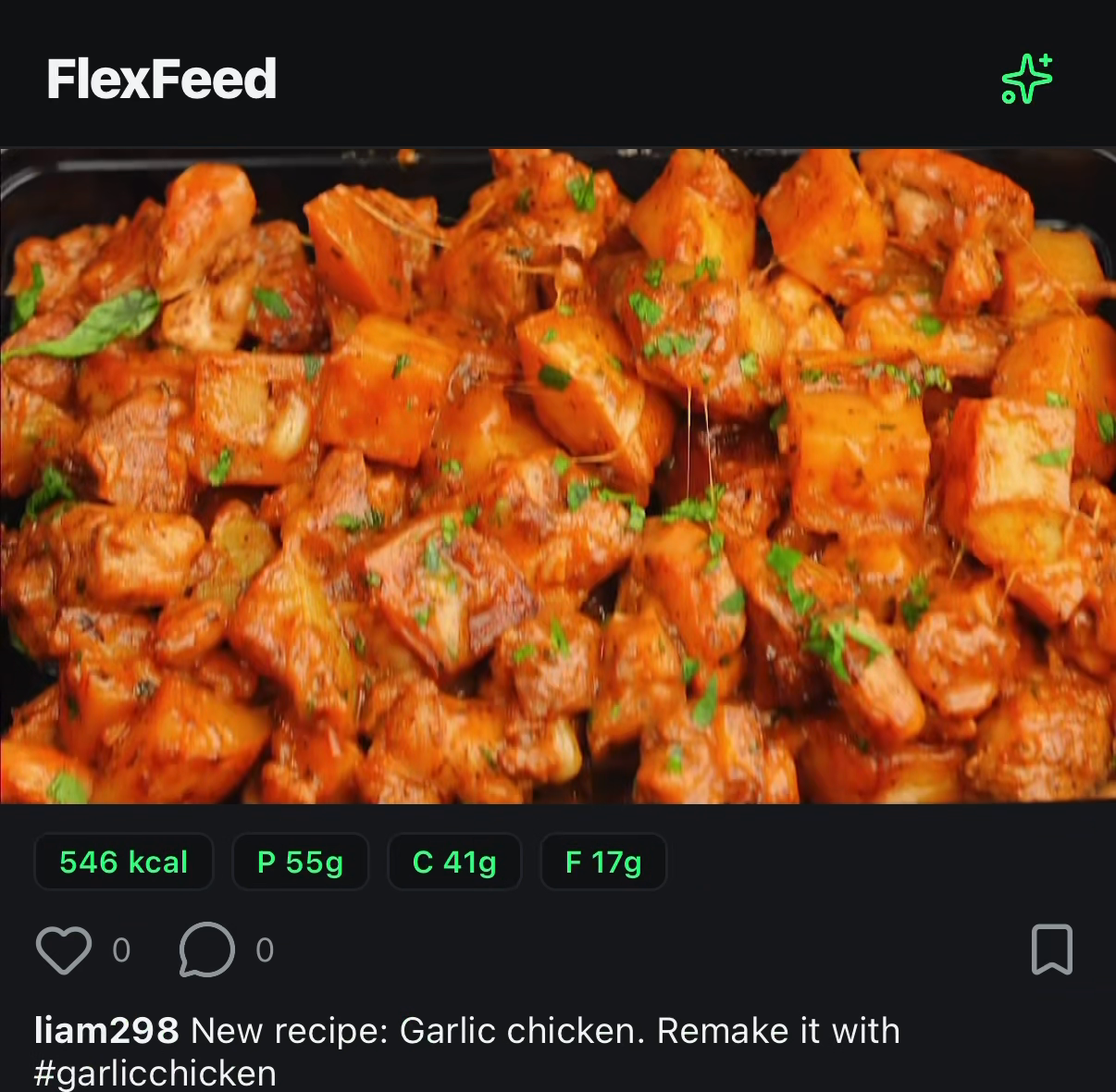 A real recipe post inside the FlexFeed app, with logged macros
